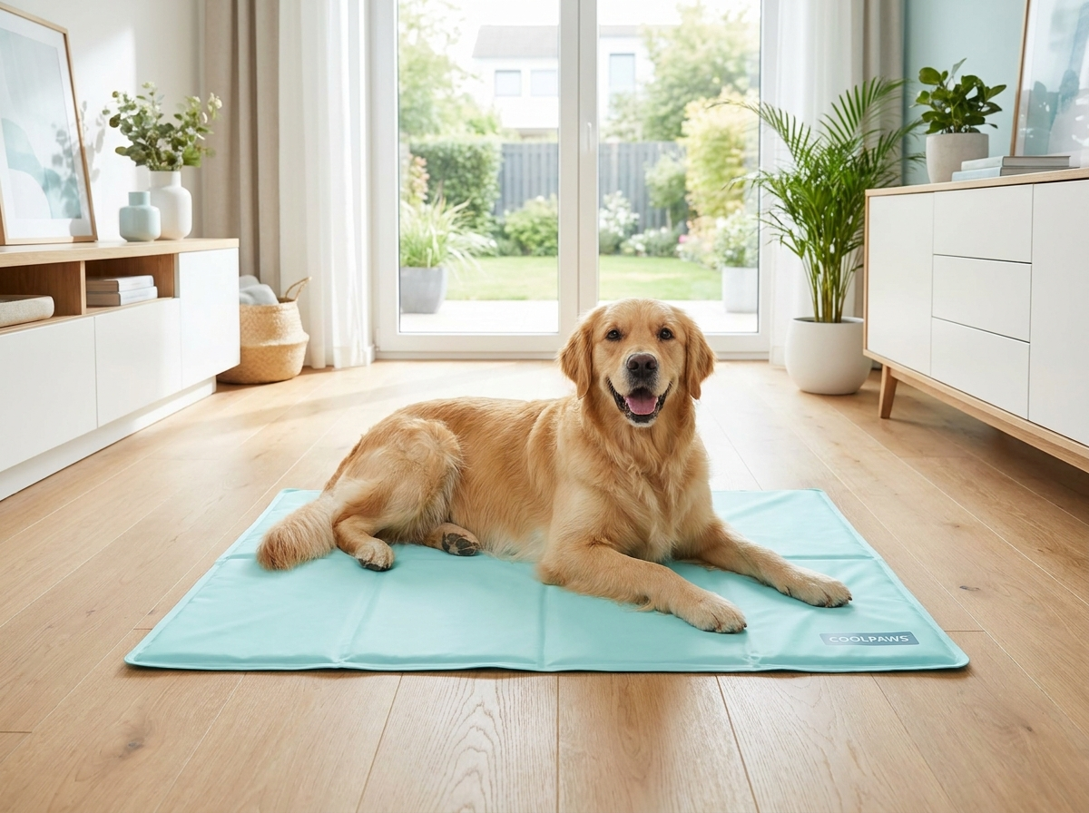 Golden retriever relaxing on aqua pet cooling mat in bright apartment