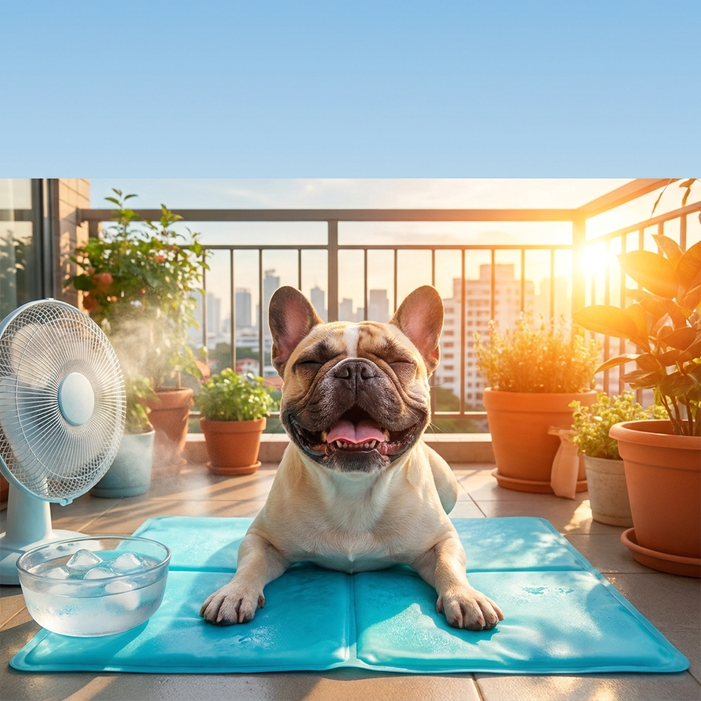 French bulldog cooling off on mat during summer heatwave
