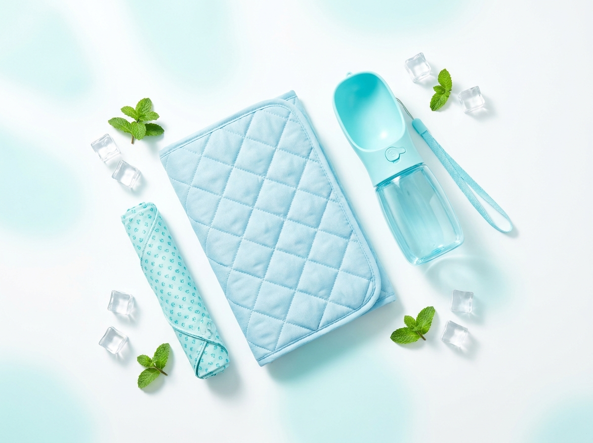 Summer pet comfort bundle: cooling mat, bandana and water bottle flat lay