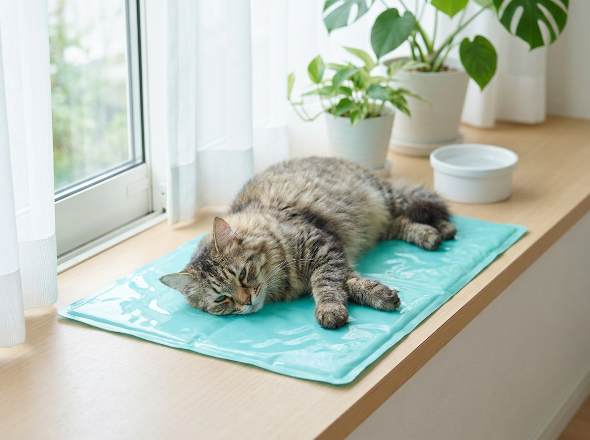 Tabby cat relaxing on aqua cooling mat by sunny window