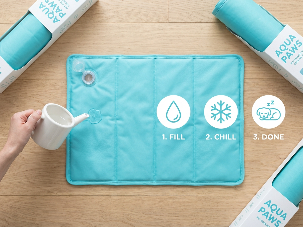 Overhead demo of filling the ChillPaw cooling mat with water