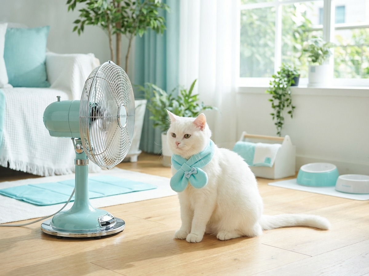 White cat wearing aqua cooling ice scarf indoors