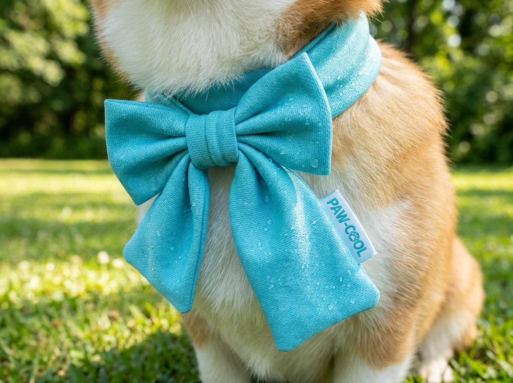 Close-up of cooling ice scarf fabric and bow closure on corgi