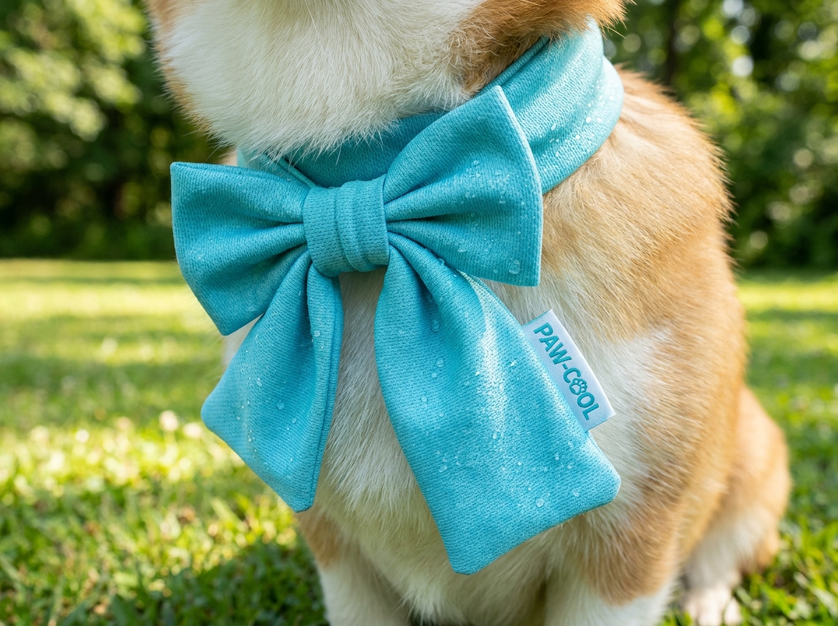 Close-up of cooling ice scarf fabric and bow closure on corgi