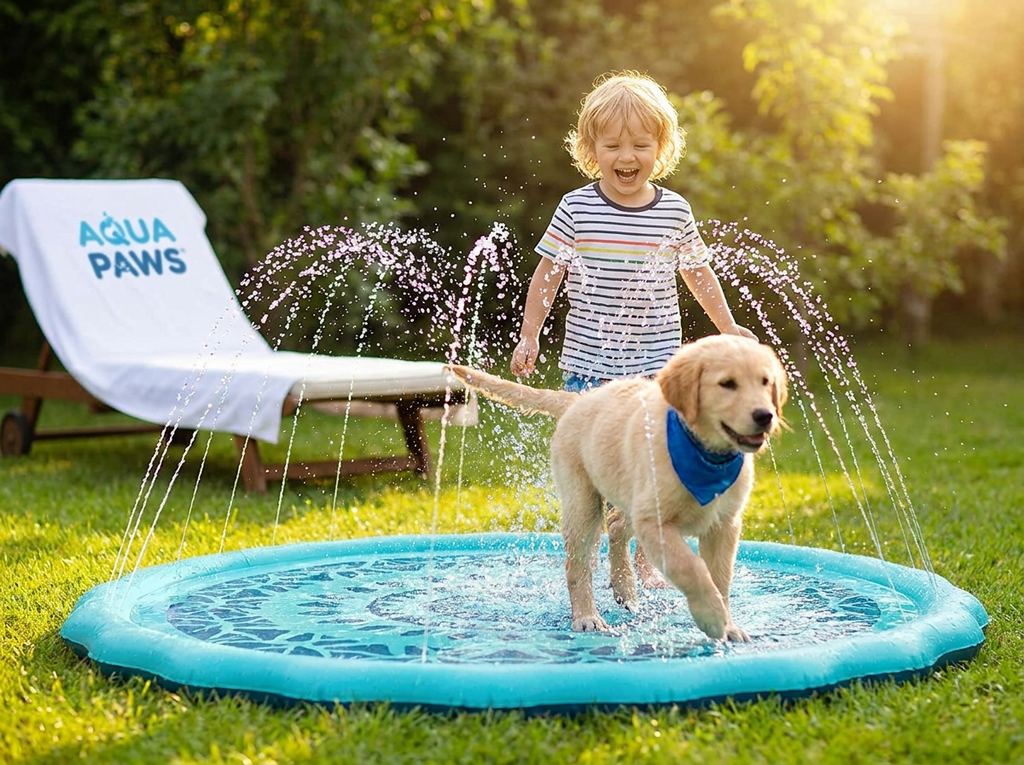 Child and golden retriever puppy playing on aqua splash pad