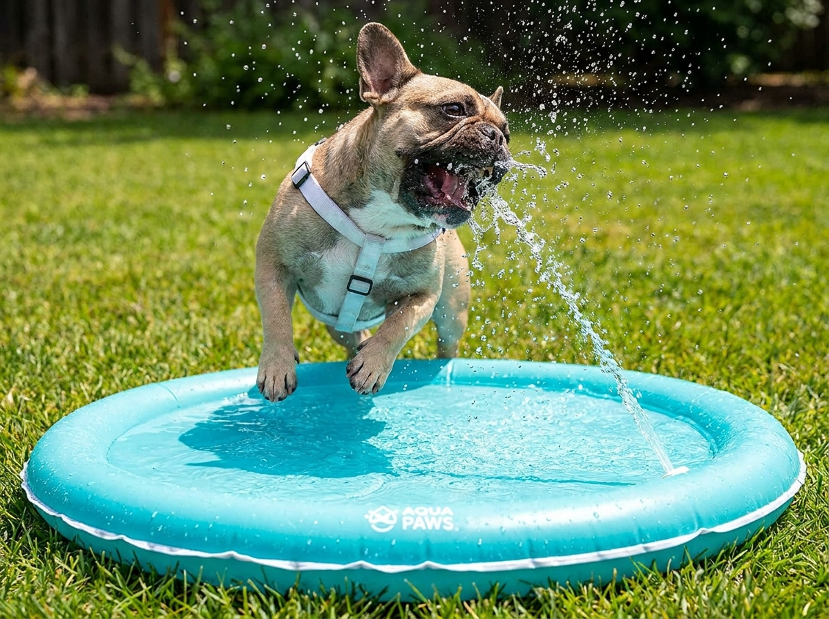 French bulldog biting water jet on aqua splash pad sprinkler
